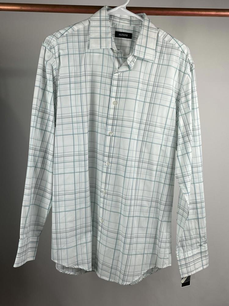 Alfani White Blue Checker Stripe Cotton Shirt Size Small